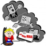 Cyber bullying cartoon with scared child mobile phone and PC